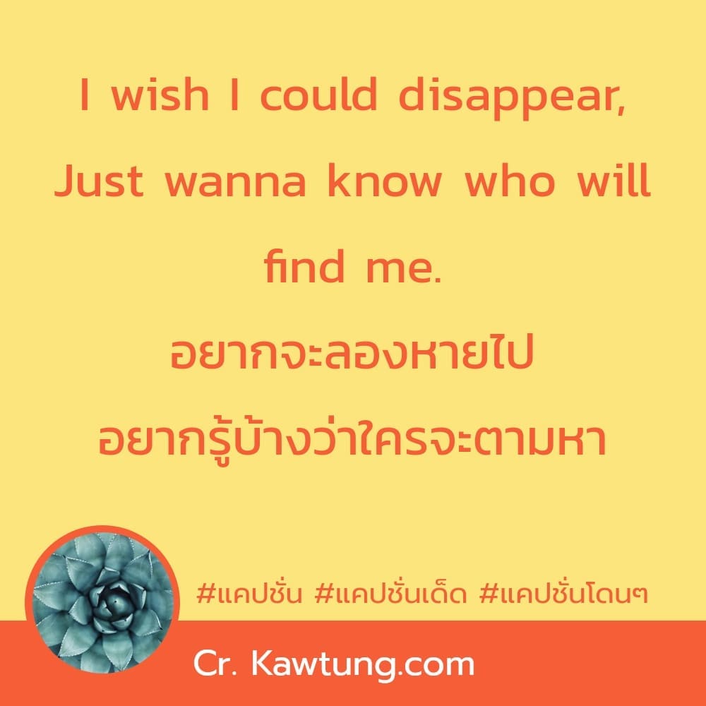 แคปชั่น I wish I could disappear, Just wanna know who will find me. 
อยากจะลองหายไป 
อยากรู้บ้างว่าใครจะตามหา








