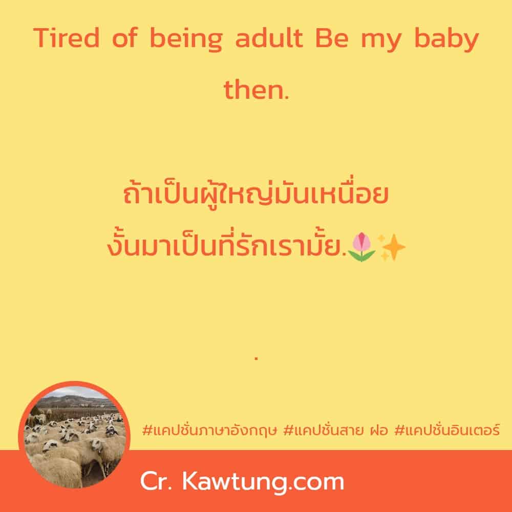 แคปชั่นภาษาอังกฤษ Tired of being adult Be my baby then. ถ้าเป็น​ผู้ใหญ่​มันเหนื่อย งั้นมาเป็นที่รักเรามั้ย.🌷✨.
