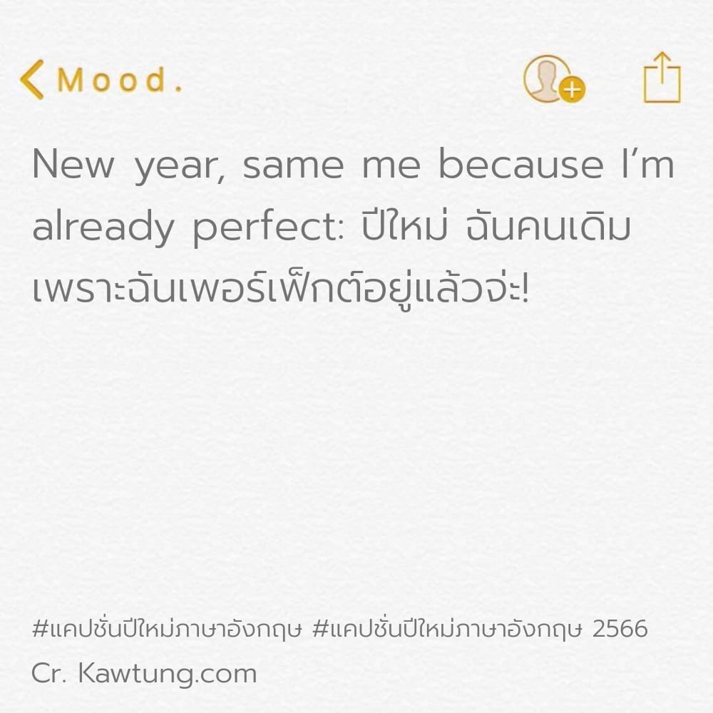 แคปชั่นปีใหม่ภาษาอังกฤษ แคปชั่นปีใหม่ภาษาอังกฤษ 2566 New year, same me because I’m already perfect: ปีใหม่ ฉันคนเดิม เพราะฉันเพอร์เฟ็กต์อยู่แล้วจ่ะ!