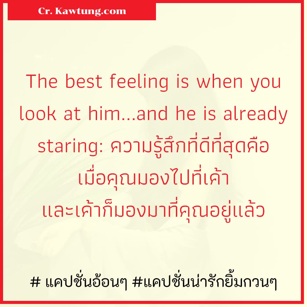  แคปชั่นอ้อนๆ แคปชั่นน่ารักยิ้มกวนๆ The best feeling is when you look at him...and he is already staring: ความรู้สึกที่ดีที่สุดคือ เมื่อคุณมองไปที่เค้า และเค้าก็มองมาที่คุณอยู่แล้ว