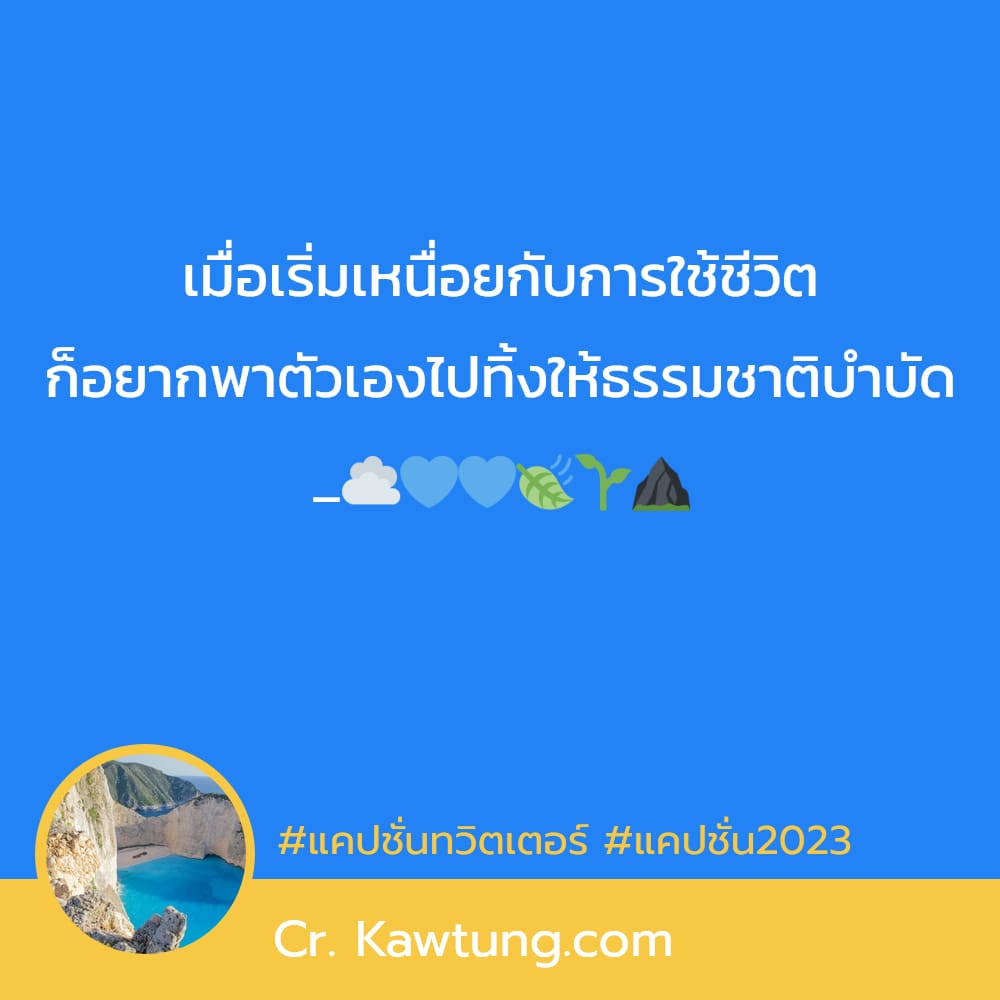 แคปชั่นทวิตเตอร์ แคปชั่น2023 เมื่อเริ่มเหนื่อยกับการใช้ชีวิต ก็อยากพาตัวเองไปทิ้งให้ธรรมชาติบำบัด _☁️💙💙🍃🌱⛰️